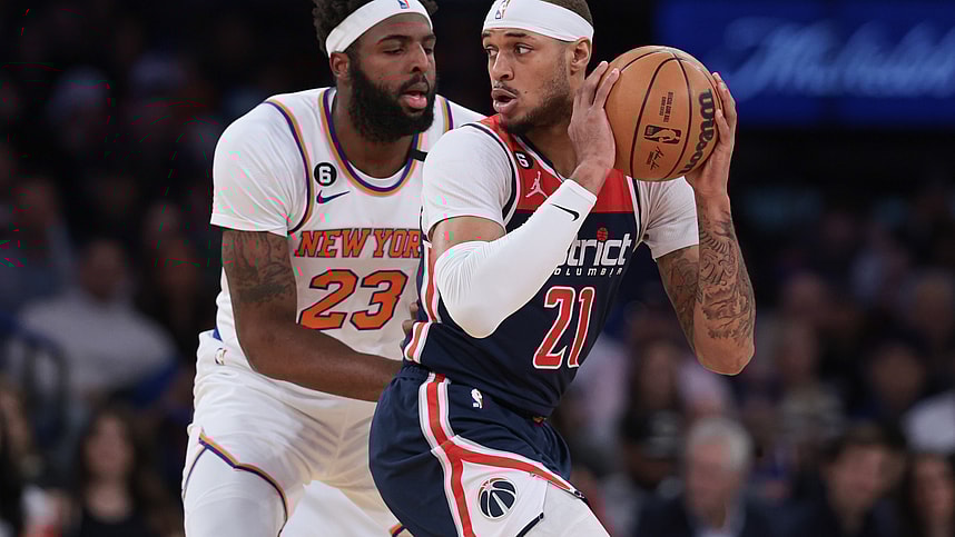 Apr 2, 2023; New York, New York, USA;  Washington Wizards center Daniel Gafford (21) is guarded by New York Knicks center Mitchell Robinson (23) during the first quarter at Madison Square Garden. Mandatory Credit: Vincent Carchietta-USA TODAY Sports