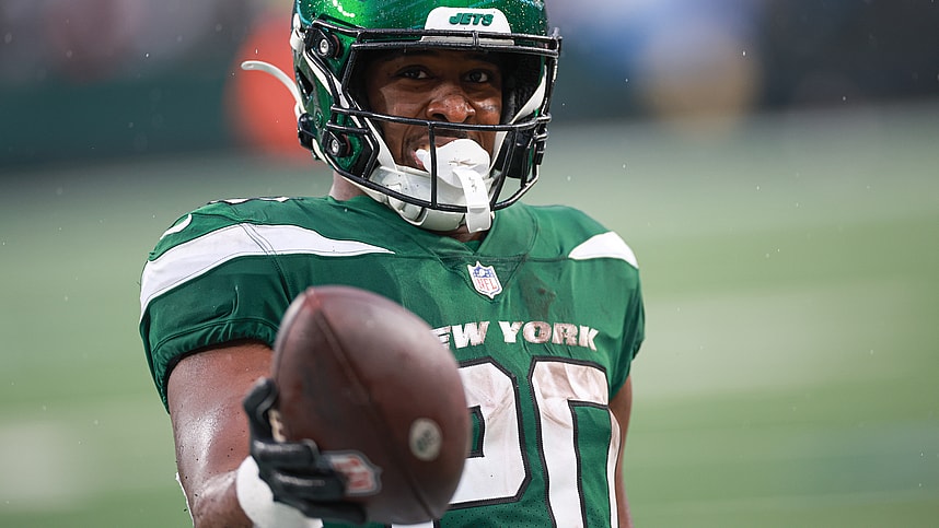 Dec 10, 2023; East Rutherford, New Jersey, USA; New York Jets running back Breece Hall (20) celebrates after a touchdown reception during the second half against the Houston Texans at MetLife Stadium. Mandatory Credit: Vincent Carchietta-USA TODAY Sports