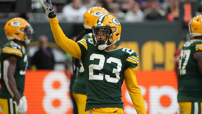 Oct 9, 2022; London, United Kingdom; Green Bay Packers cornerback Jaire Alexander (23) gestures in the fourth quarter against the New York Giants during an NFL International Series game at Tottenham Hotspur Stadium. Mandatory Credit: Kirby Lee-USA TODAY Sports