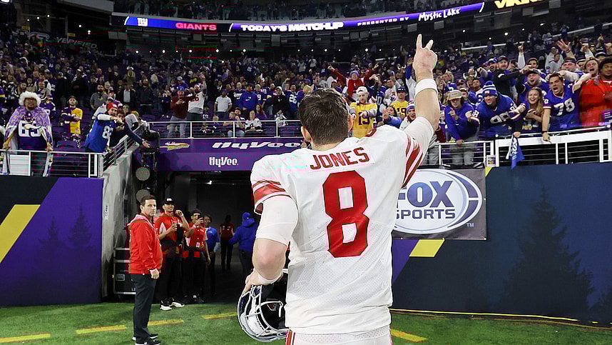 Jan 15, 2023; Minneapolis, Minnesota, USA; New York Giants quarterback Daniel Jones (8) reacts after winning a wild card game against the Minnesota Vikings at U.S. Bank Stadium. Mandatory Credit: Matt Krohn-USA TODAY Sports