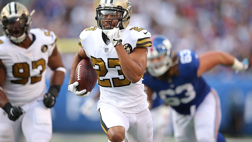 Sep 30, 2018; East Rutherford, NJ, USA; New Orleans Saints cornerback Marshon Lattimore (23) returns a fumble by New York Giants running back Wayne Gallman (not pictured) during the second quarter at MetLife Stadium. Mandatory Credit: Brad Penner-USA TODAY Sports
