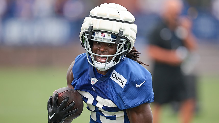 Jul 24, 2024; East Rutherford, NJ, USA; New York Giants running back Dante Miller (25) carries the ball during training camp at Quest Diagnostics Training Facility. Mandatory Credit: Vincent Carchietta-USA TODAY Sports