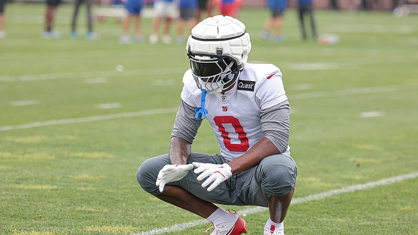 Jul 24, 2024; East Rutherford, NJ, USA; New York Giants linebacker Brian Burns (0) during training camp at Quest Diagnostics Training Facility. Mandatory Credit: Vincent Carchietta-USA TODAY Sports