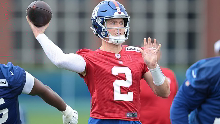 Jul 24, 2024; East Rutherford, NJ, USA; New York Giants quarterback Drew Lock (2) drops back to pass during training camp at Quest Diagnostics Training Facility. Mandatory Credit: Vincent Carchietta-USA TODAY Sports