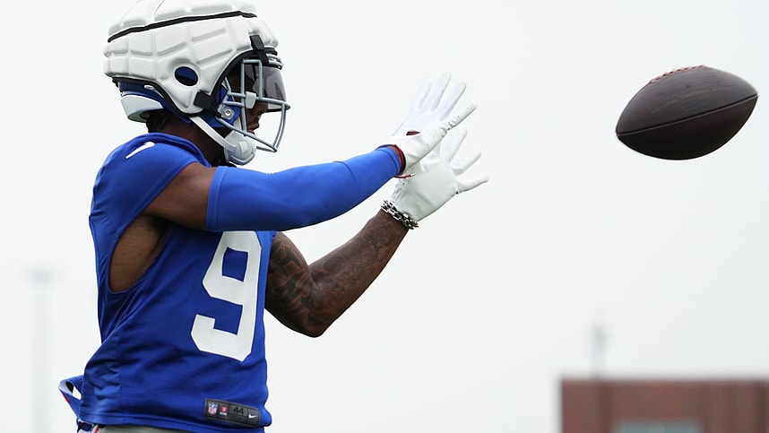 Jul 25, 2024; East Rutherford, NY, USA; New York Giants wide receiver Malik Nabers (9) catches a pass during training camp at Quest Diagnostics Training Center. Mandatory Credit: Lucas Boland-USA TODAY Sports