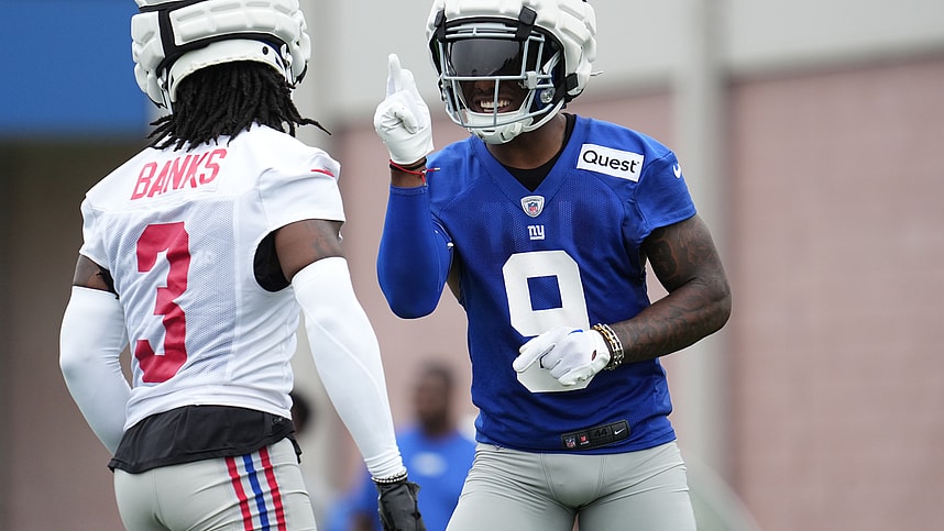 Jul 25, 2024; East Rutherford, NY, USA; New York Giants wide receiver Malik Nabers (9) and cornerback Deonte Banks (3) react after a drill during training camp at Quest Diagnostics Training Center. Mandatory Credit: Lucas Boland-USA TODAY Sports