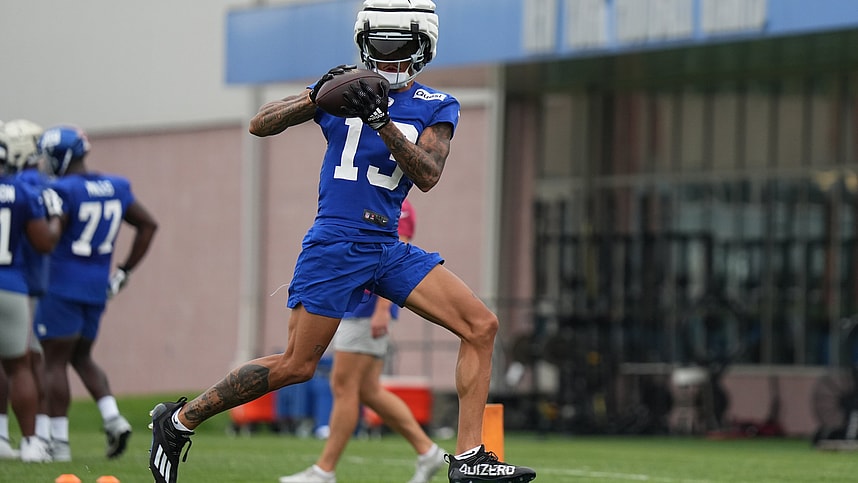 Jul 25, 2024; East Rutherford, NY, USA; New York Giants wide receiver Jalin Hyatt (13) catches a pass during training camp at Quest Diagnostics Training Center. Mandatory Credit: Lucas Boland-USA TODAY Sports