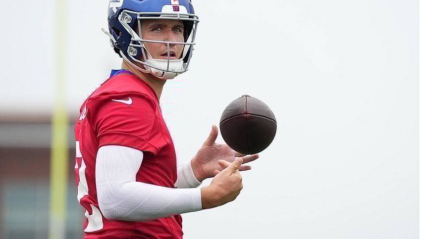Jul 25, 2024; East Rutherford, NY, USA; New York Giants quarterback Drew Lock (2) looks on during training camp at Quest Diagnostics Training Center. Mandatory Credit: Lucas Boland-USA TODAY Sports