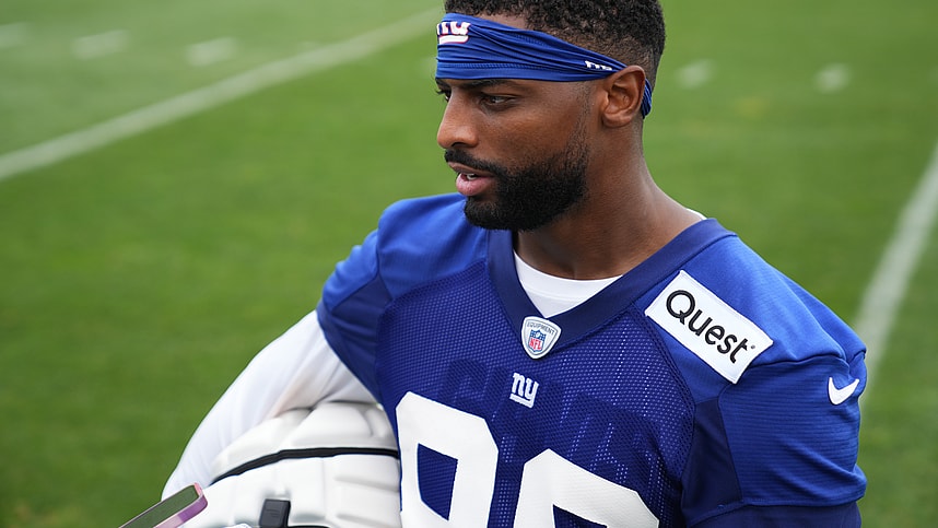 Jul 25, 2024; East Rutherford, NY, USA; New York Giants wide receiver Darius Slayton (86) gives an interview after training camp at Quest Diagnostics Training Center. Mandatory Credit: Lucas Boland-USA TODAY Sports