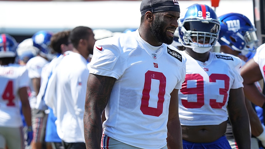 Jul 26, 2024; East Rutherford, NJ, USA; New York Giants linebacker Brian Burns (0) walks the sideline during training camp at Quest Diagnostics Training Center. Mandatory Credit: Lucas Boland-USA TODAY Sports