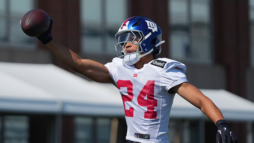 Jul 26, 2024; East Rutherford, NJ, USA; New York Giants safety Dane Belton (24) catches a pass with one hand during training camp at Quest Diagnostics Training Center. Mandatory Credit: Lucas Boland-USA TODAY Sports