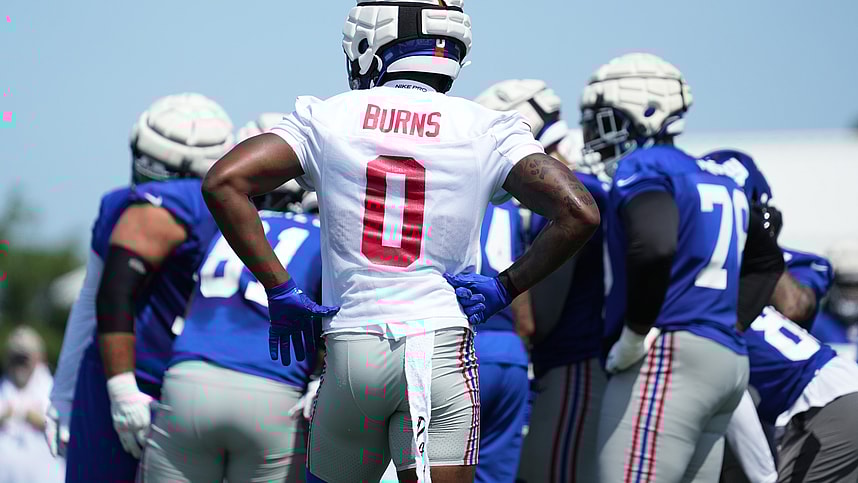 Jul 26, 2024; East Rutherford, NJ, USA; New York Giants linebacker Brian Burns (0) looks on during training camp at Quest Diagnostics Training Center. Mandatory Credit: Lucas Boland-USA TODAY Sports