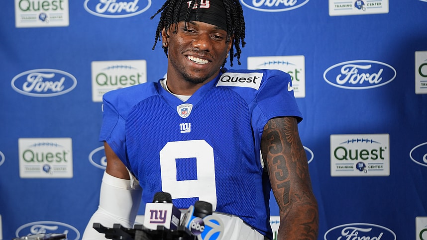 Jul 26, 2024; East Rutherford, NJ, USA; New York Giants wide receiver Malik Nabers (9) speaks at a press conference after training camp at Quest Diagnostics Training Center. Mandatory Credit: Lucas Boland-USA TODAY Sports