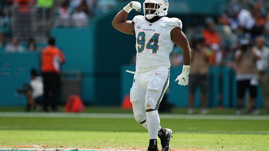Oct 8, 2023; Miami Gardens, Florida, USA; Miami Dolphins defensive tackle Christian Wilkins (94) celebrates after sacking New York Giants quarterback Daniel Jones (not pictured) during the first half at Hard Rock Stadium. Mandatory Credit: Jasen Vinlove-USA TODAY Sports