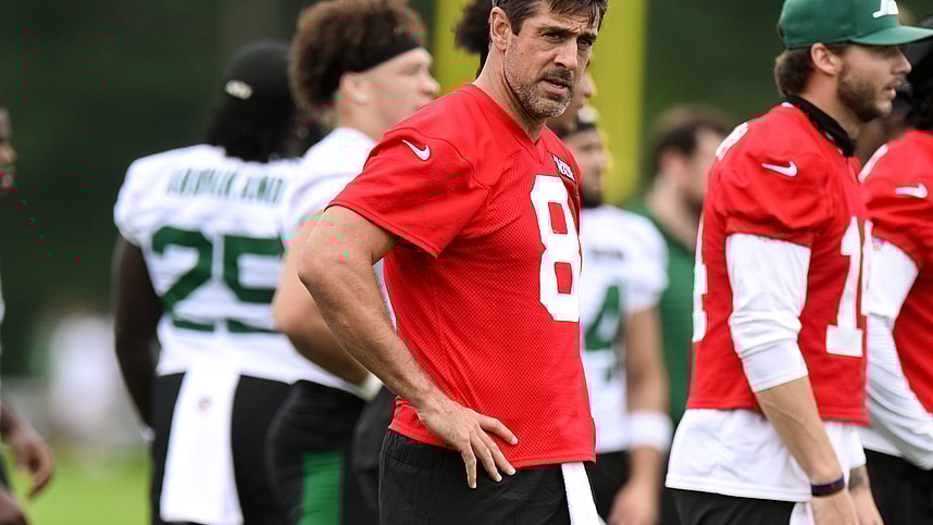 Jul 25, 2024; Florham Park, NJ, USA; New York Jets quarterback Aaron Rodgers (8) looks on during training camp at Atlantic Health Jets Training Center. Mandatory Credit: John Jones-USA TODAY Sports