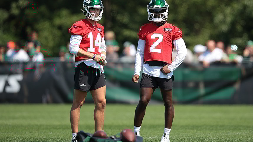 Jul 27, 2024; Florham Park, NJ, USA; New York Jets quarterback Andrew Peasley (14) and quarterback Tyrod Taylor (2) look on during training camp at Atlantic Health Jets Training Center. Mandatory Credit: Vincent Carchietta-USA TODAY Sports