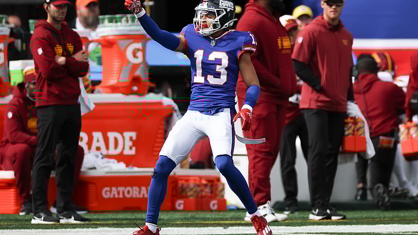 Oct 22, 2023; East Rutherford, New Jersey, USA; New York Giants wide receiver Jalin Hyatt (13) reacts after a first down catch during the first half against the Washington Commanders at MetLife Stadium. Mandatory Credit: Vincent Carchietta-USA TODAY Sports