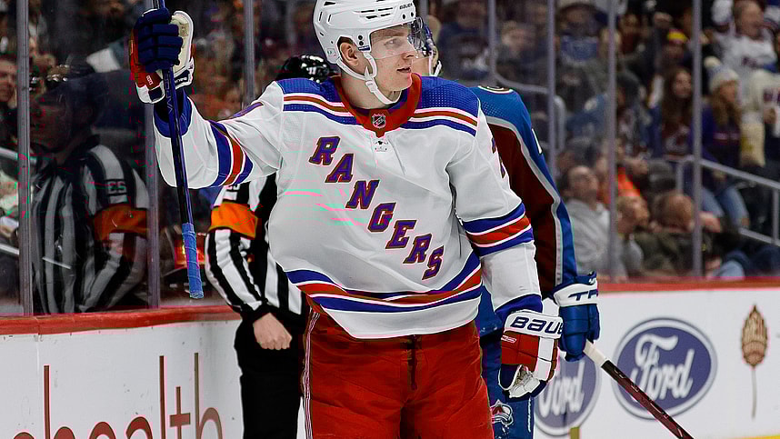 Mar 28, 2024; Denver, Colorado, USA; New York Rangers right wing Kaapo Kakko (24) celebrates after his goal in the third period against the Colorado Avalanche at Ball Arena. Mandatory Credit: Isaiah J. Downing-USA TODAY Sports
