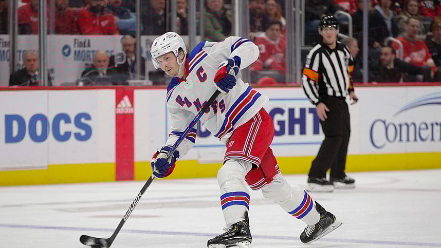 Feb 23, 2023; Detroit, Michigan, USA; New York Rangers defenseman Jacob Trouba (8) shoots the puck during the first period at Little Caesars Arena. Mandatory Credit: Brian Bradshaw Sevald-USA TODAY Sports