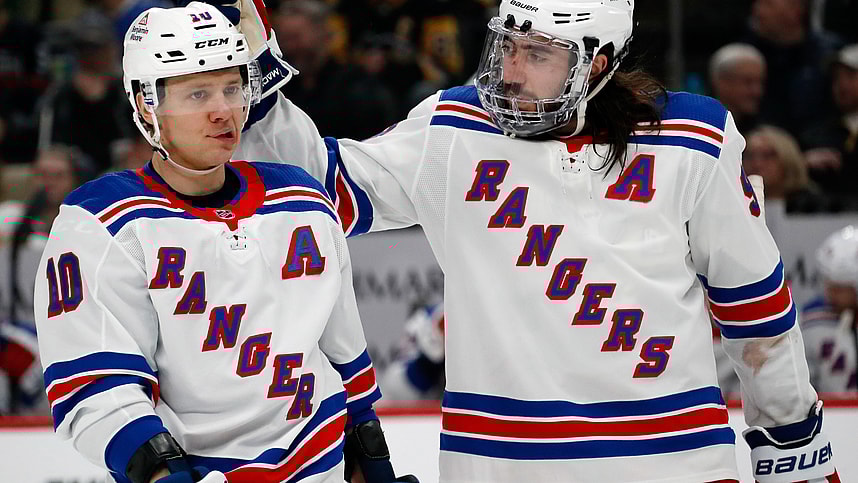 Mar 16, 2024; Pittsburgh, Pennsylvania, USA; New York Rangers left wing Artemi Panarin (10) and center Mika Zibanejad (93) talk on the ice against the Pittsburgh Penguins during the second period at PPG Paints Arena. Mandatory Credit: Charles LeClaire-USA TODAY Sports