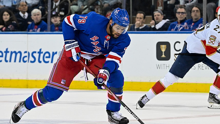May 30, 2024; New York, New York, USA; New York Rangers defenseman K'Andre Miller (79) skates across center ice against the Florida Panthers during the first period in game five of the Eastern Conference Final of the 2024 Stanley Cup Playoffs at Madison Square Garden. Mandatory Credit: Dennis Schneidler-USA TODAY Sports