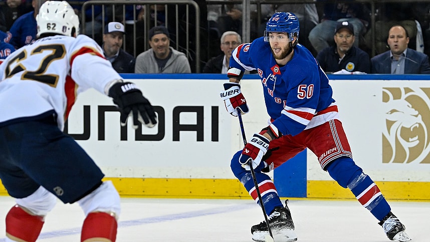 May 30, 2024; New York, New York, USA; New York Rangers left wing Will Cuylle (50) controls the puck against the Florida Panthers during the first period in game five of the Eastern Conference Final of the 2024 Stanley Cup Playoffs at Madison Square Garden. Mandatory Credit: Dennis Schneidler-USA TODAY Sports