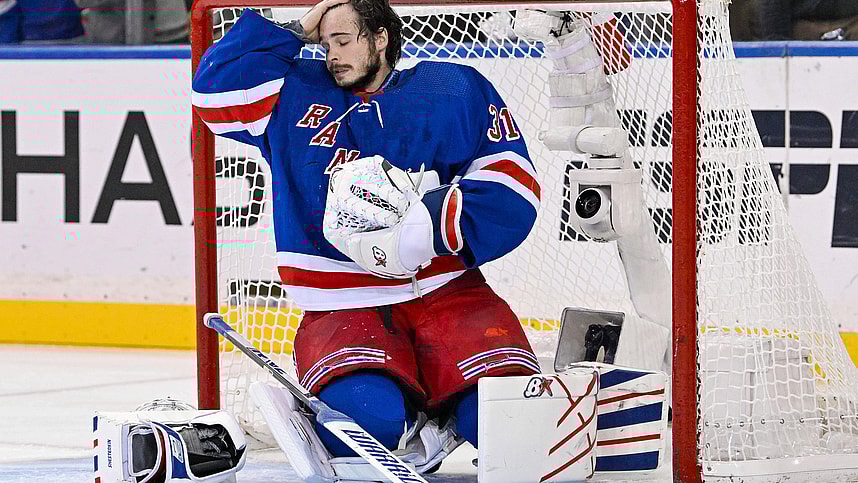 May 30, 2024; New York, New York, USA; New York Rangers goaltender Igor Shesterkin (31) recovers after getting run into by Florida Panthers defenseman Niko Mikkola (not pictured) during the second period in game five of the Eastern Conference Final of the 2024 Stanley Cup Playoffs at Madison Square Garden. Mandatory Credit: Dennis Schneidler-USA TODAY Sports