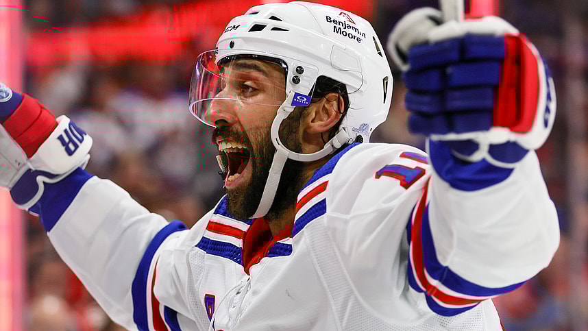 May 28, 2024; Sunrise, Florida, USA; New York Rangers center Vincent Trocheck (16) celebrates after a goal by left wing Alexis Lafreniere (not pictured) against the Florida Panthers during the third period in game four of the Eastern Conference Final of the 2024 Stanley Cup Playoffs at Amerant Bank Arena. Mandatory Credit: Sam Navarro-USA TODAY Sports