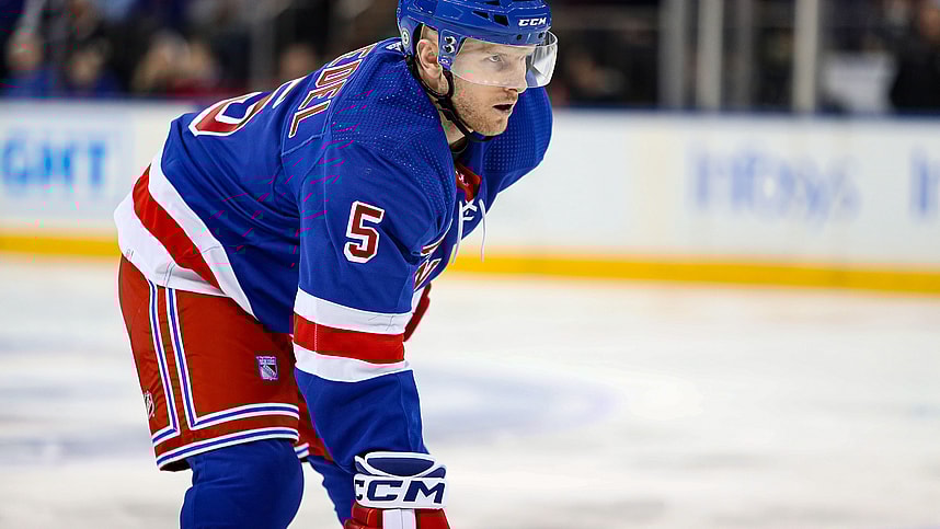 Mar 19, 2024; New York, New York, USA; New York Rangers defenseman Chad Ruhwedel (5) awaits a face-off against the Winnipeg Jets during the first period at Madison Square Garden. Mandatory Credit: Danny Wild-USA TODAY Sports