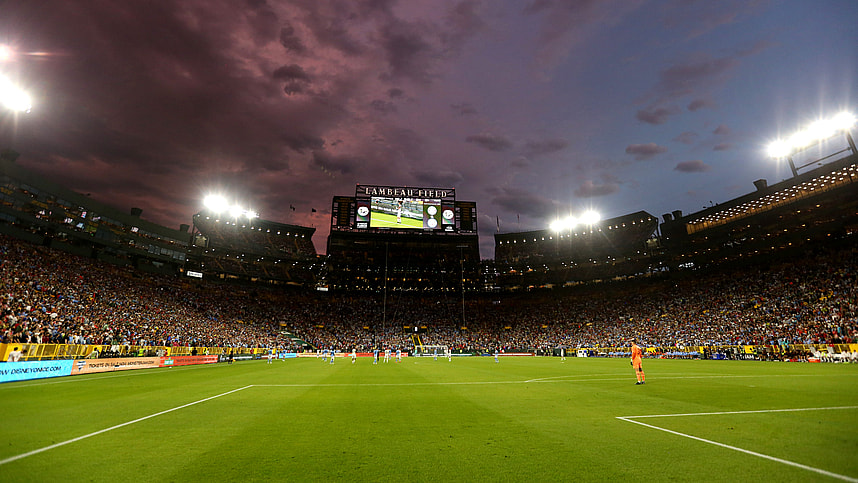 The sky finally clears up after dramatic weather cause two delays to the exhibition match between FC Bayern Munich and Manchester City on July 23, 2022 at Lambeau Field in Green Bay, Wis.