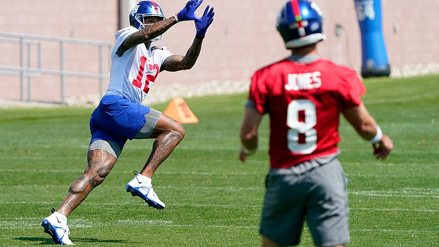 New York Giants quarterback Daniel Jones (8) throws to wide receiver Darren Waller (12) during organized team activities (OTA's) at the Giants training center on Wednesday, May 31, 2023, in East Rutherford.