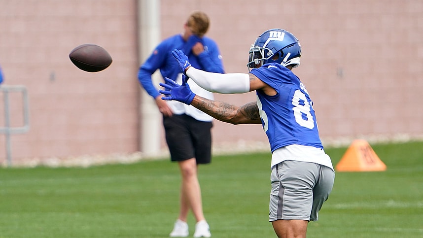 New York Giants tight end Lawrence Cager (83) catches the ball on day two of mandatory minicamp at the Giants training center on Wednesday, June 14, 2023, in East Rutherford.