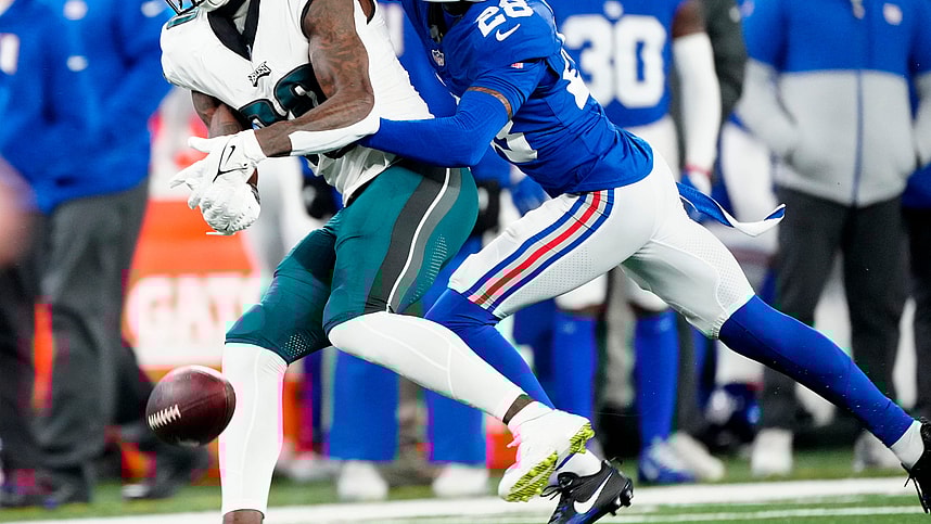 New York Giants cornerback Cor'Dale Flott (28) makes sure Philadelphia Eagles wide receiver Julio Jones (80) does not complete a second quarter pass, Sunday, January 7, 2024.