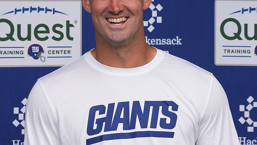 East Rutherford, NJ -- June 11, 2024 -- Quarterback, Daniel Jones is interviewed at the end of practice field at the NY Giants Mandatory Minicamp at their practice facility in East Rutherford, NJ.