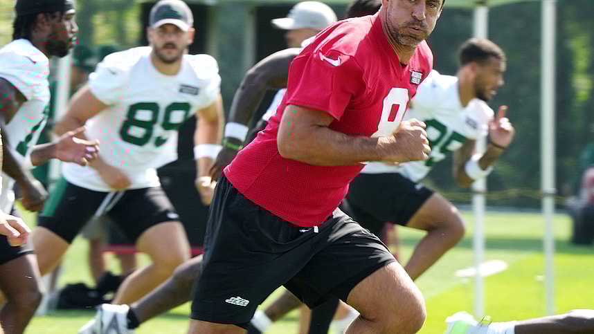 Florham Park, NJ -- July 27, 2024 -- Quarterback, Aaron Rodgers during New York Jets training camp this morning.