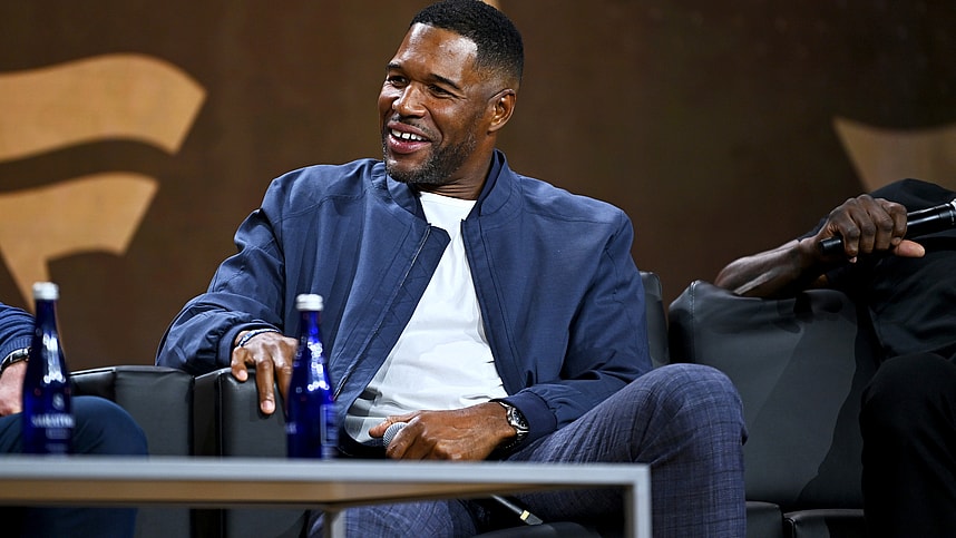 NEW YORK, NEW YORK - AUGUST 16: Giants legend Michael Strahan speaks onstage at the Fanatics Fest NYC 2024 at Jacob Javits Center on August 16, 2024 in New York City. (Photo by Roy Rochlin/Getty Images for Fanatics)