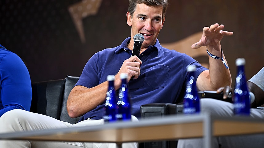 NEW YORK, NEW YORK (GIANTS) - AUGUST 16: Eli Manning speaks onstage at the Fanatics Fest NYC 2024 at Jacob Javits Center on August 16, 2024 in New York City. (Photo by Roy Rochlin/Getty Images for Fanatics)