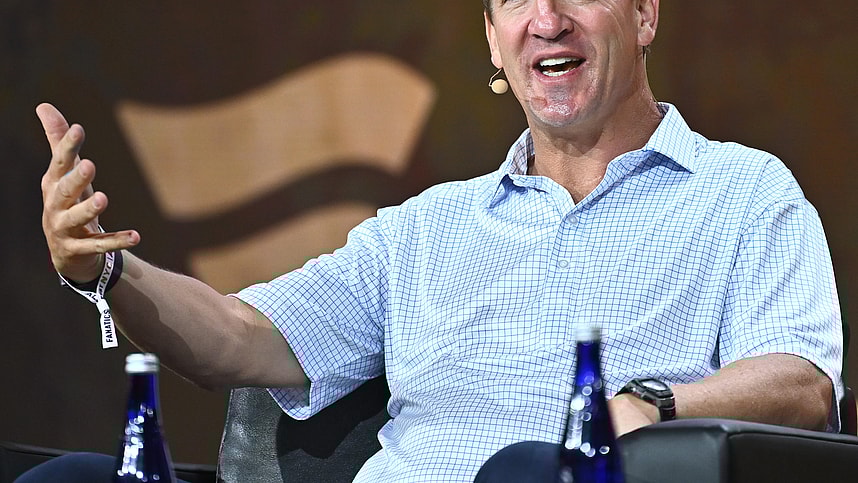 NEW YORK, NEW YORK (GIANTS) - AUGUST 18: Peyton Manning speaks onstage during the Fanatics Fest NYC 2024 at Jacob Javits Center on August 18, 2024 in New York City. (Photo by Roy Rochlin/Getty Images for Fanatics)