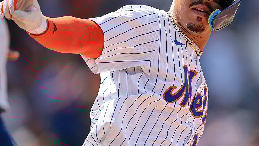 Aug 21, 2024; New York City, New York, USA; New York Mets third baseman Mark Vientos (27) reacts after hitting a solo home run during the seventh inning against the Baltimore Orioles at Citi Field. Mandatory Credit: Vincent Carchietta-USA TODAY Sports