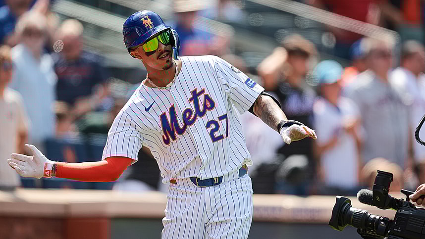Aug 21, 2024; New York City, New York, USA; New York Mets third baseman Mark Vientos (27) reacts after hitting a solo home run during the seventh inning against the Baltimore Orioles at Citi Field. Mandatory Credit: Vincent Carchietta-USA TODAY Sports