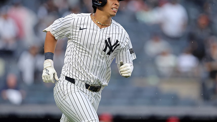 Aug 7, 2024; Bronx, New York, USA; New York Yankees second baseman Oswaldo Cabrera (95) rounds the bases after hitting a solo home run against the Los Angeles Angels during the second inning at Yankee Stadium. Mandatory Credit: Brad Penner-USA TODAY Sports