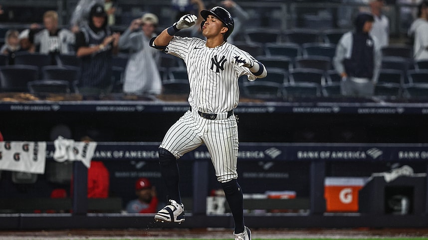Aug 8, 2024; Bronx, New York, USA;  New York Yankees shortstop Oswaldo Cabrera (95) celebrates after hitting a solo home run in the ninth inning against the Los Angeles Angels at Yankee Stadium. Mandatory Credit: Wendell Cruz-USA TODAY Sports