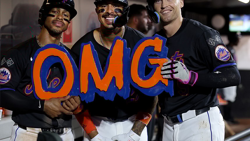 Aug 16, 2024; New York City, New York, USA; New York Mets left fielder Brandon Nimmo (9) celebrates his three run home run against the Miami Marlins with shortstop Francisco Lindor (12) and third baseman Mark Vientos (27) during the fourth inning at Citi Field. Mandatory Credit: Brad Penner-USA TODAY Sports