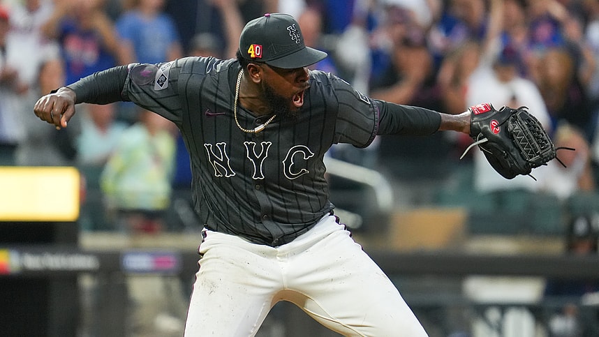 Aug 17, 2024; New York City, New York, USA; New York Mets pitcher Luis Severino (40) celebrates after pitching a shutout against the Miami Marlins at Citi Field. Mandatory Credit: Lucas Boland-USA TODAY Sports