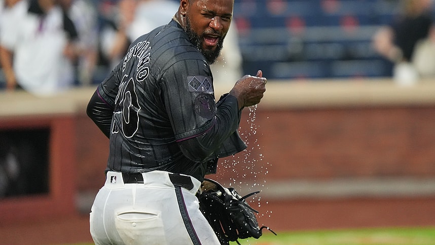 Aug 17, 2024; New York City, New York, USA; New York Mets pitcher Luis Severino (40) shakes off water after being doused by teammates following a shutout against the Miami Marlins at Citi Field. Mandatory Credit: Lucas Boland-USA TODAY Sports