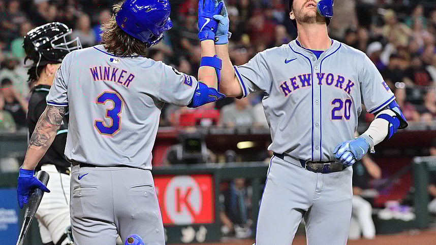 Aug 29, 2024; Phoenix, Arizona, USA; New York Mets first base Pete Alonso (20) celebrates with outfielder Jesse Winker (3) after hitting a solo home run in the second inning against the Arizona Diamondbacks at Chase Field. Mandatory Credit: Matt Kartozian-USA TODAY Sports