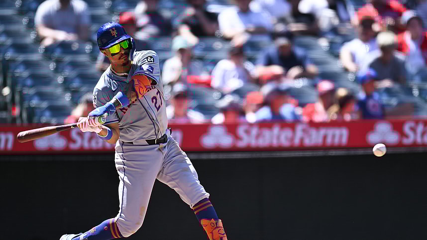 Aug 4, 2024; Anaheim, California, USA; New York Mets third baseman Mark Vientos (27) is forced out at first base against the Los Angeles Angels during the sixth inning at Angel Stadium. Mandatory Credit: Jonathan Hui-USA TODAY Sports