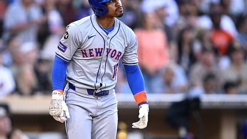 Aug 24, 2024; San Diego, California, USA; New York Mets shortstop Francisco Lindor (12) hits a grand slam home run against the San Diego Padres during the fourth inning at Petco Park. Mandatory Credit: Orlando Ramirez-USA TODAY Sports