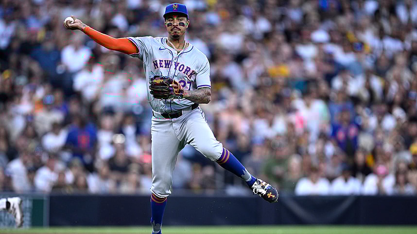 Aug 24, 2024; San Diego, California, USA; New York Mets third baseman Mark Vientos (27) throws to first base on a ground out by San Diego Padres first baseman Luis Arraez (not pictured) during the fifth inning at Petco Park. Mandatory Credit: Orlando Ramirez-USA TODAY Sports