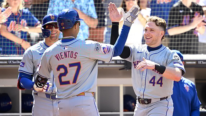 Aug 25, 2024; San Diego, California, USA; New York Mets third baseman Mark Vientos (27) is congratulated by center fielder Harrison Bader (44) after hitting a home run against the San Diego Padres during the seventh inning at Petco Park. Mandatory Credit: Orlando Ramirez-USA TODAY Sports